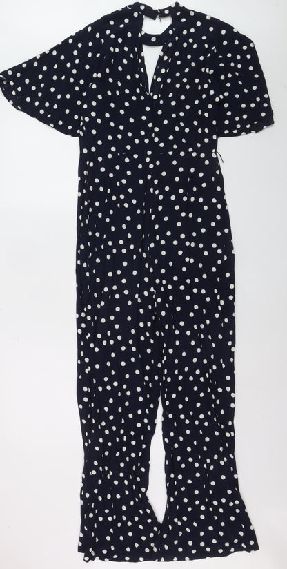 Zara Womens Navy Polka Dot Wide-Leg Jumpsuit Size 14