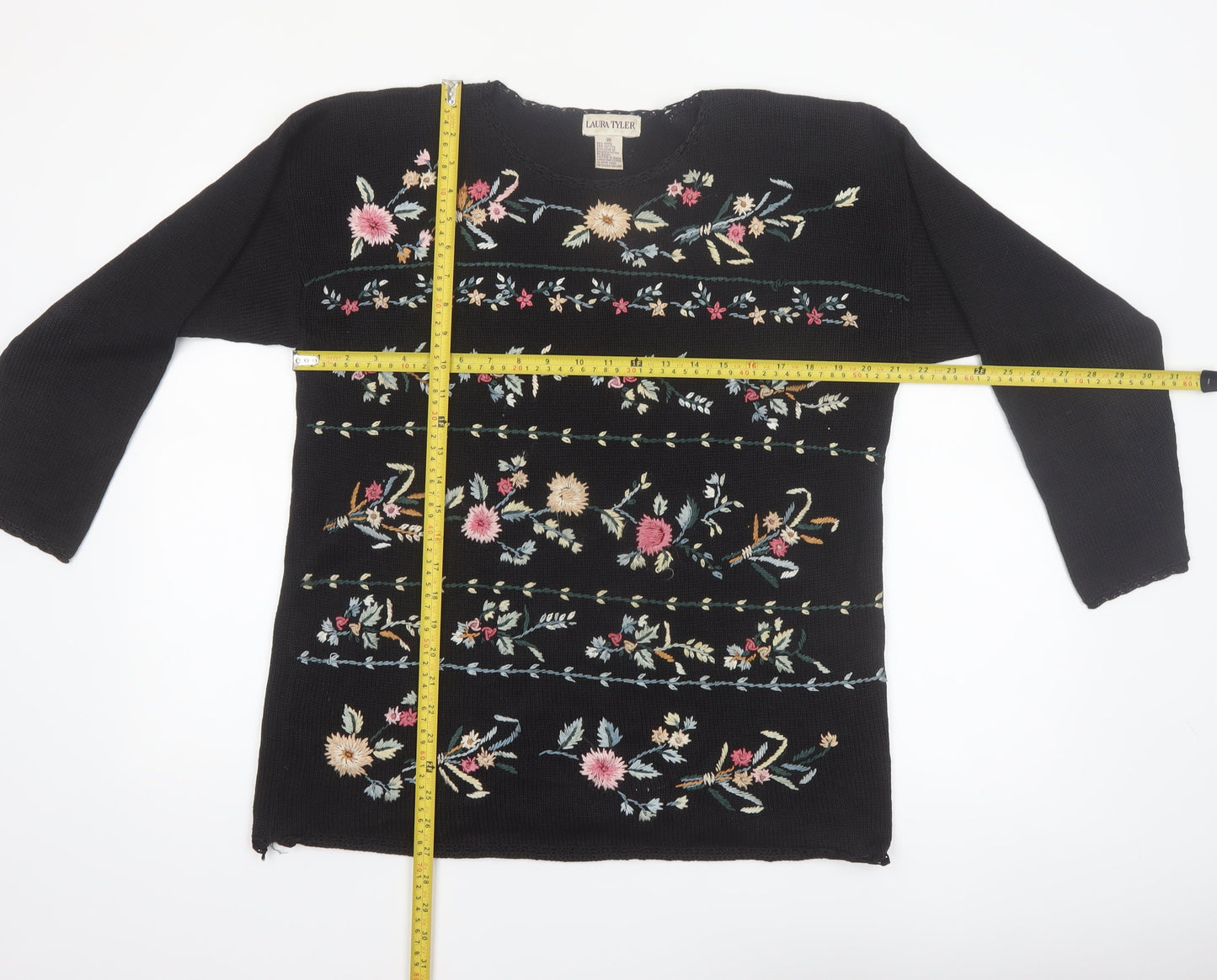 Laura Tyler Womens Black Floral Embroidered Knit Jumper M