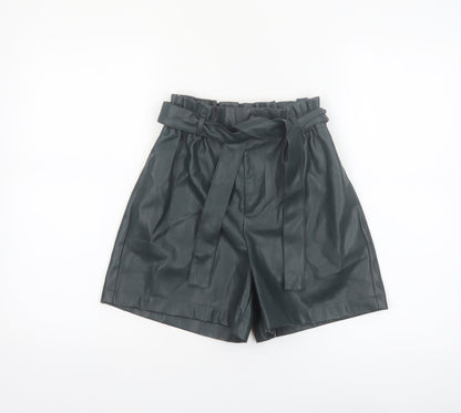 Primark Women Black Faux Leather Paperbag Shorts Size 4 High Waist