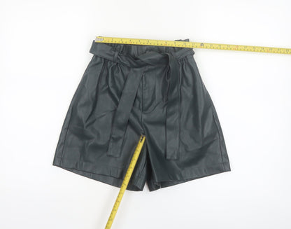 Primark Women Black Faux Leather Paperbag Shorts Size 4 High Waist
