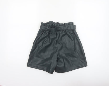 Primark Women Black Faux Leather Paperbag Shorts Size 4 High Waist