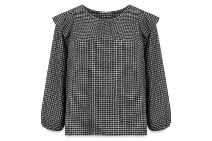 Rockmans Women Black Check Ruffle Long Sleeve Tunic Blouse Size 18