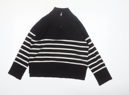 DKNY Jeans Women's Black Striped Mock Neck 1/4 Zip Jumper Size L