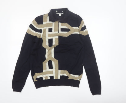 Marks and Spencer Men’s Blue Geometric 1/2 Zip Cotton Jumper Size L