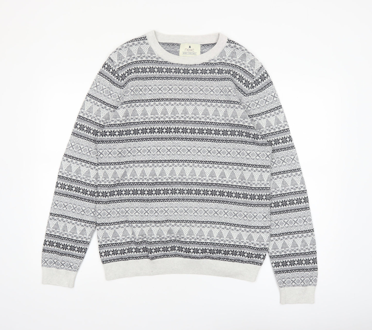 Next Men's Grey Fair Isle Cotton Crew Neck Jumper Size M