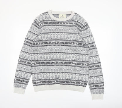 Next Men's Grey Fair Isle Cotton Crew Neck Jumper Size M