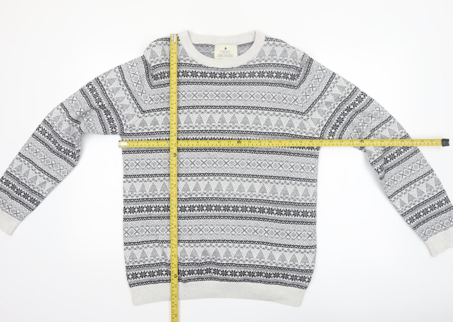 Next Men's Grey Fair Isle Cotton Crew Neck Jumper Size M