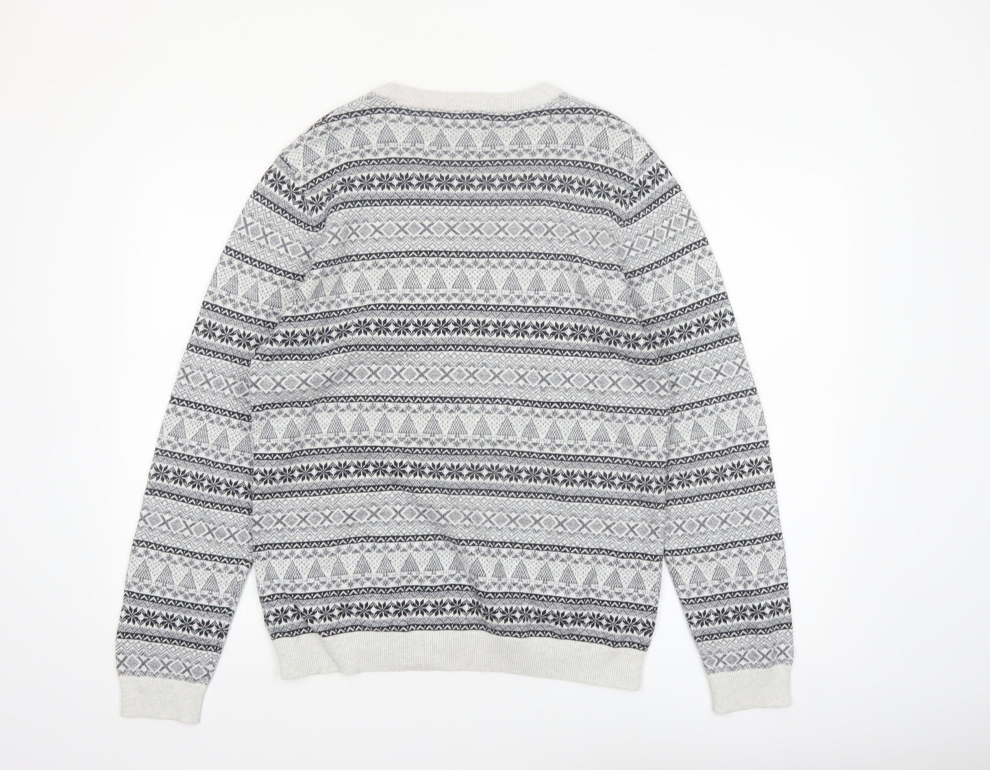 Next Men's Grey Fair Isle Cotton Crew Neck Jumper Size M
