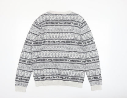 Next Men's Grey Fair Isle Cotton Crew Neck Jumper Size M
