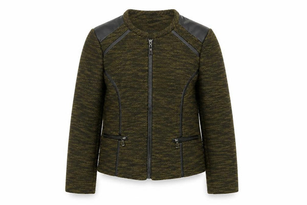 Front view of Atmosphere Women’s Khaki Zip-Up Jacket, size UK 10, Faux Leather Trim