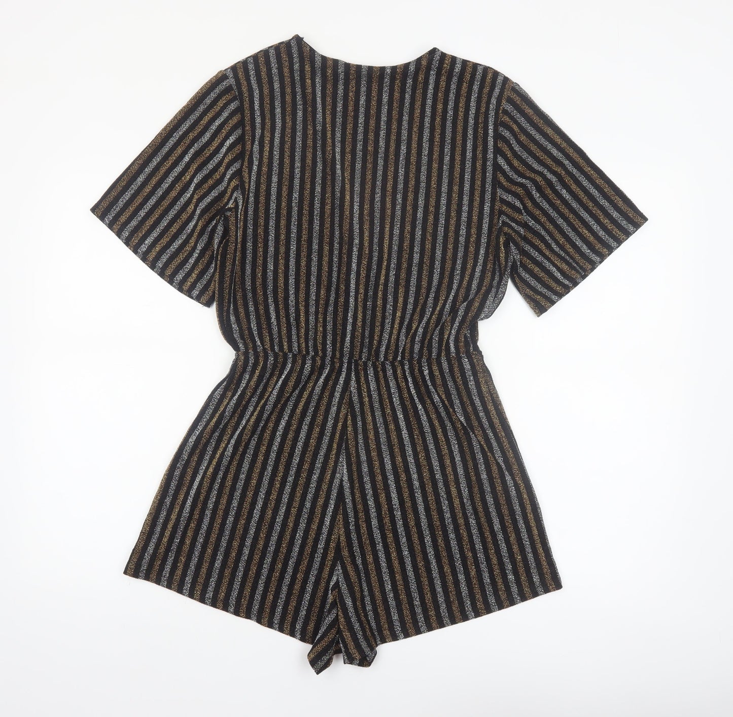 Pull & Bear Women Black Gold Striped Playsuit Size 12 Metallic Short Sleeve