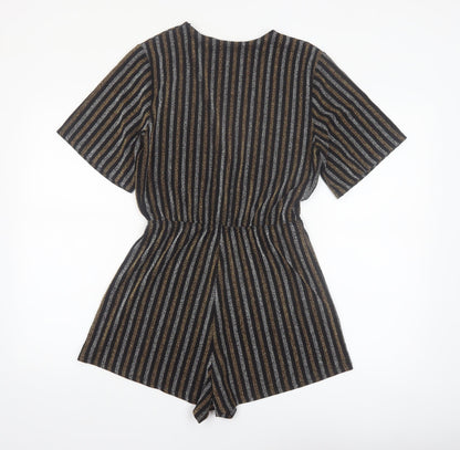 Pull & Bear Women Black Gold Striped Playsuit Size 12 Metallic Short Sleeve