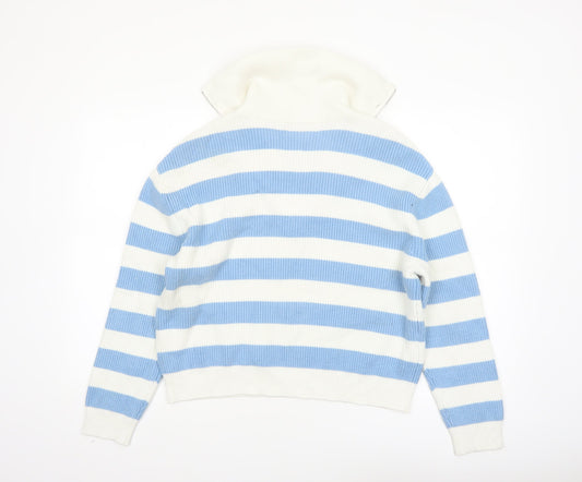 MNG Women’s Blue White Striped V-Neck Pullover Jumper Size S