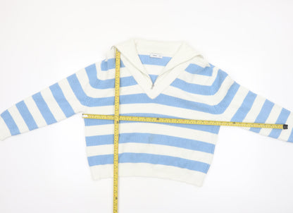 MNG Women’s Blue White Striped V-Neck Pullover Jumper Size S