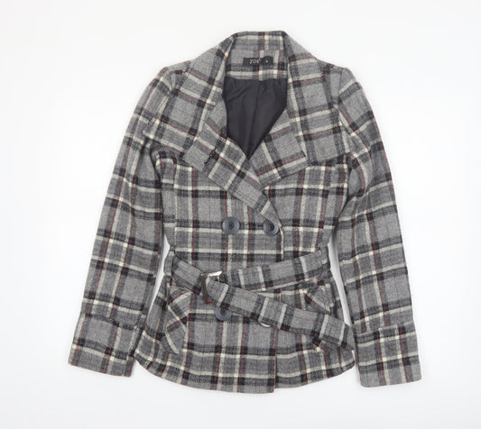Zoe Women’s Grey Check Wool Blend Belted Blazer Coat Size 8