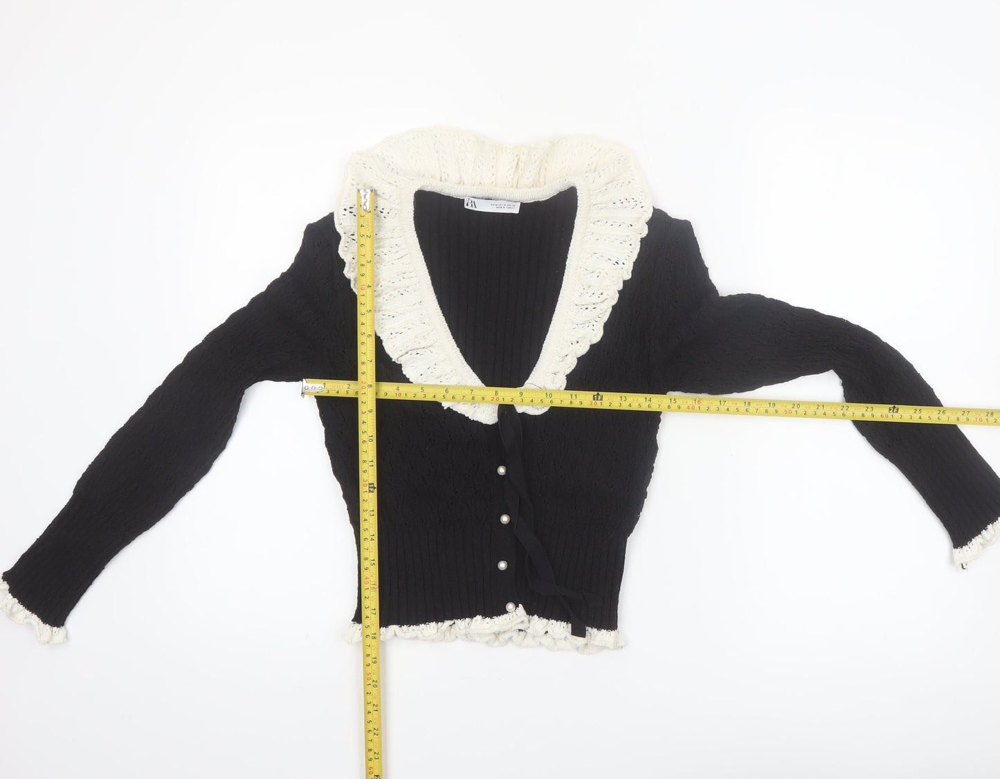 Zara Women’s Black V-Neck Ruffle Trim Cardigan Size 12
