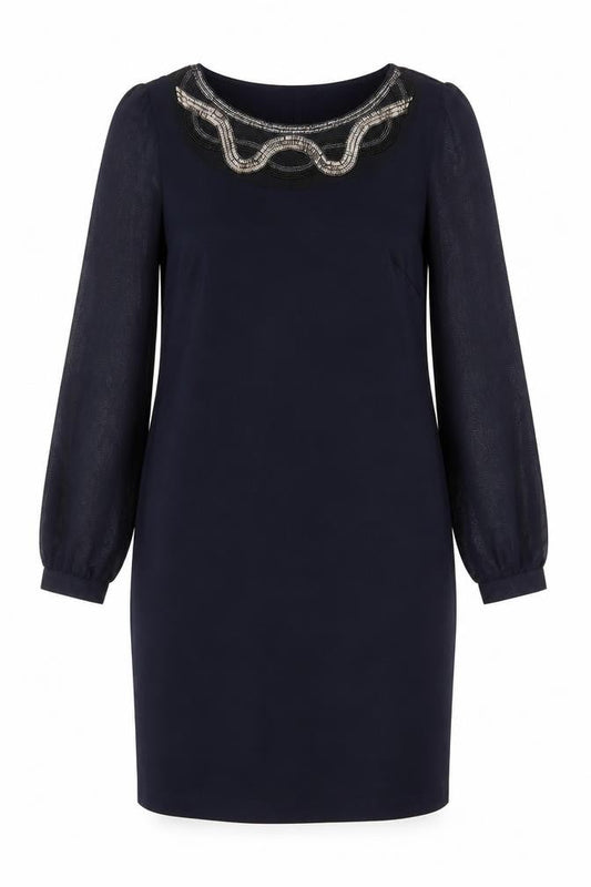 Front view of Dunnes Women Black Beaded Shift Dress, size 10, Long Sleeve