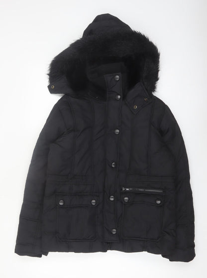 St. Bernard Women’s Black Hooded Puffer Jacket Size 8 Faux Fur Trim