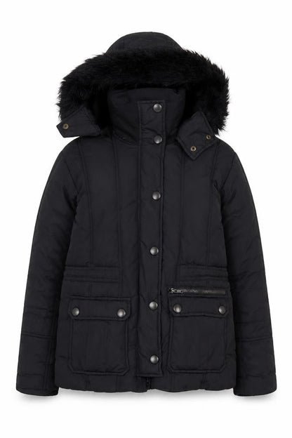 St Bernard Women’s Black Hooded Puffer Jacket Size 8 Faux Fur Trim