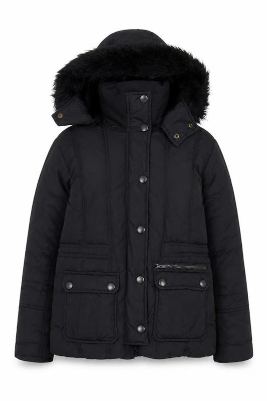 St. Bernard Women’s Black Hooded Puffer Jacket Size 8 Faux Fur Trim