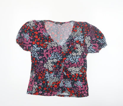 Dunnes Women's Multicoloured Floral V-Neck Puff Sleeve Blouse Size 16