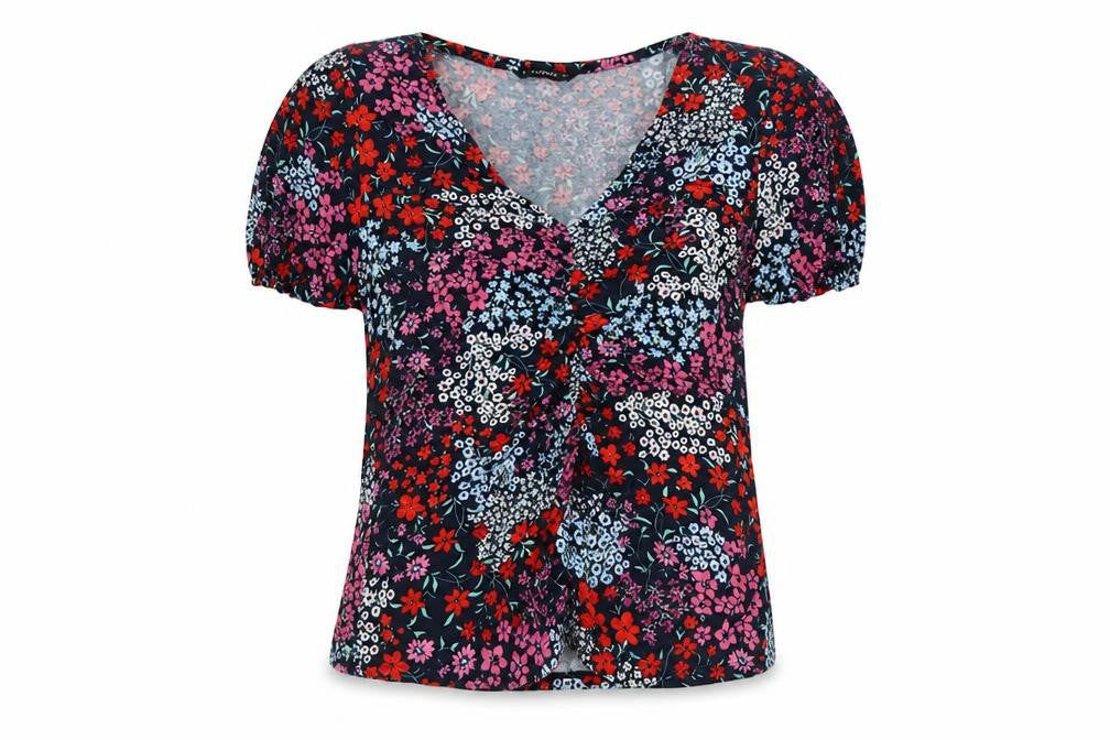 Dunnes Women's Multicoloured Floral V-Neck Puff Sleeve Blouse Size 16