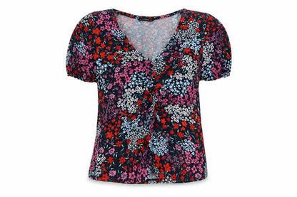 Dunnes Women's Multicoloured Floral V-Neck Puff Sleeve Blouse Size 16
