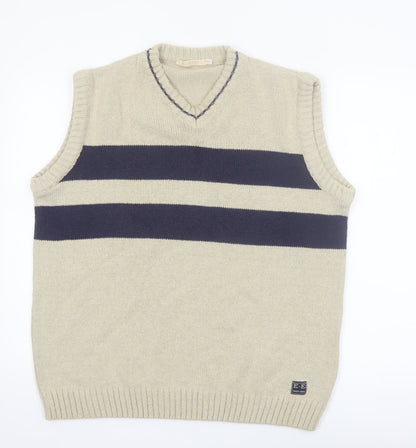East End Men's Beige Striped Cotton V-Neck Sleeveless Vest L