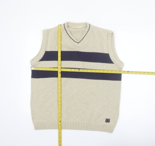 East End Men's Beige Striped Cotton V-Neck Sleeveless Vest L