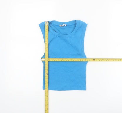 ZARA Women Blue Cotton Sleeveless Basic Tank Top S