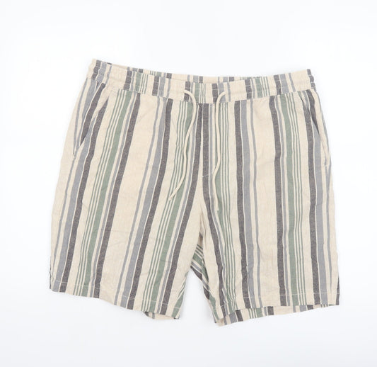 Dunnes Stores Men's Beige Striped Linen Cotton Drawstring Shorts 36in