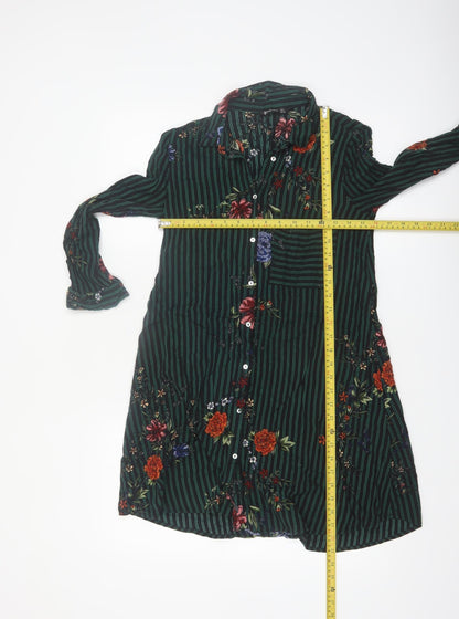 Stradivarius Women Green Floral Stripe Shirt Dress Size 8
