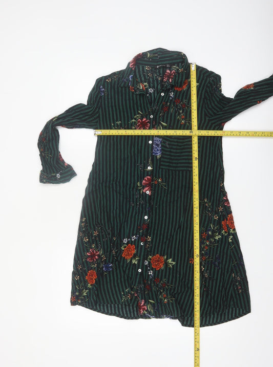 Stradivarius Women Green Floral Stripe Shirt Dress Size 8