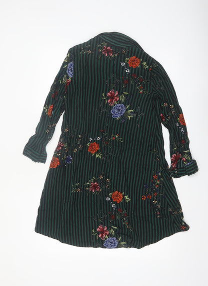 Stradivarius Women Green Floral Stripe Shirt Dress Size 8