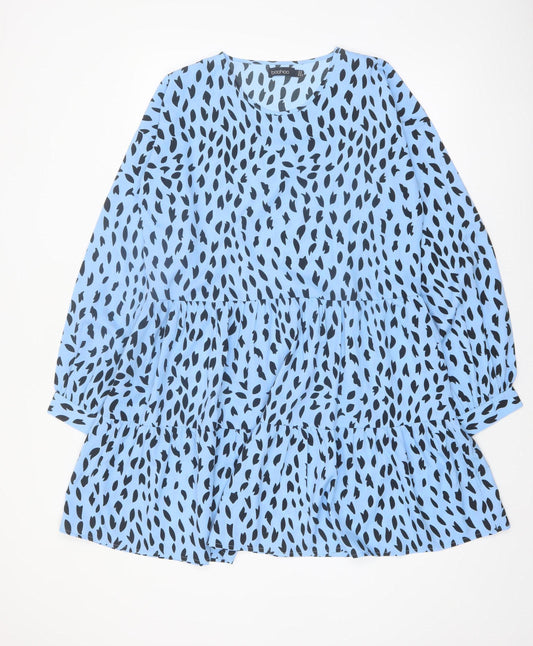 Boohoo Women Blue Animal Print Smock Dress Size 14 Long Sleeve