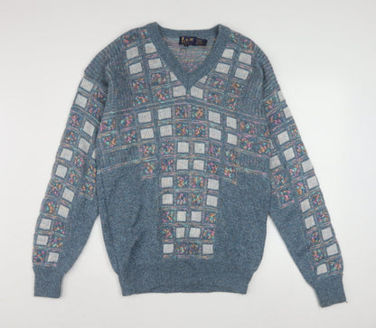 Leroy Knit Mens Blue Geometric V-Neck Wool Blend Jumper Size S