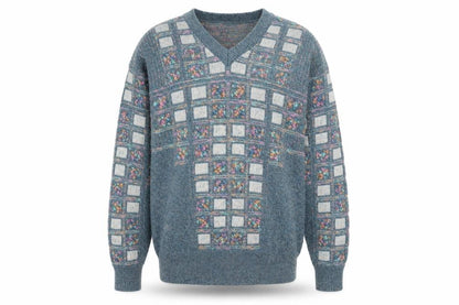 Leroy Knit Mens Blue Geometric V-Neck Wool Blend Jumper Size S