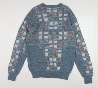Leroy Knit Mens Blue Geometric V-Neck Wool Blend Jumper Size S
