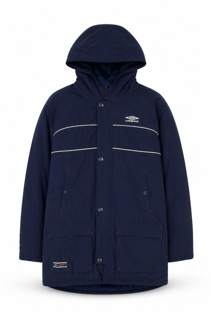 Front view of Umbro boys’ blue hooded parka coat 12-13 years full zip water resistant