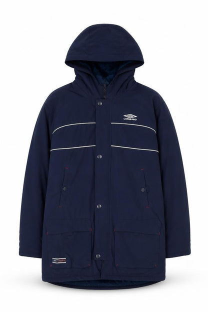 Front view of Umbro boys’ blue hooded parka coat 12-13 years full zip water resistant