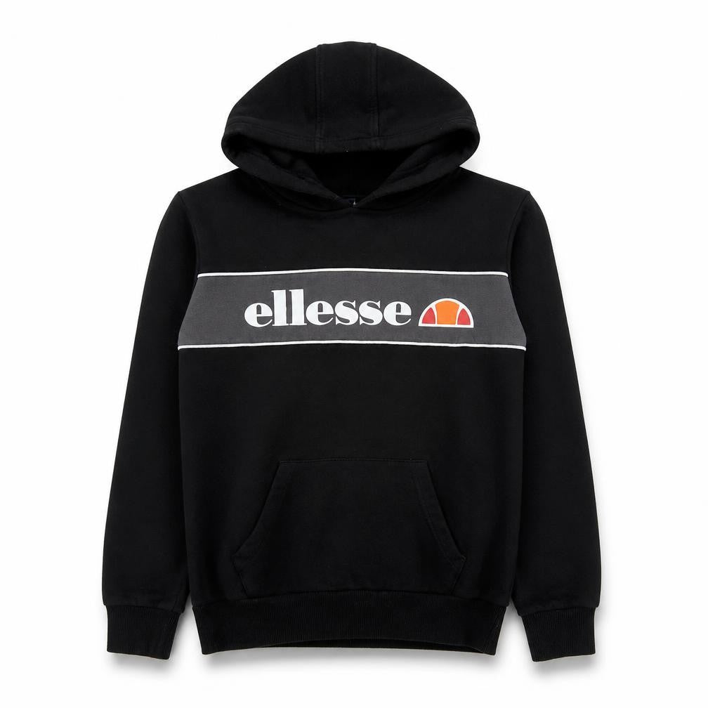 Front view of Ellesse boys’ black pullover hoodie 13-14 years logo fleece sweatshirt