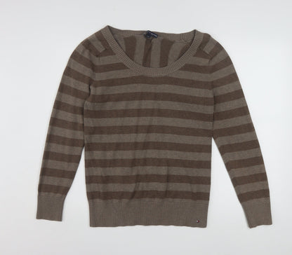 Tommy Hilfiger Men's Brown Striped Crew Neck Jumper Size L