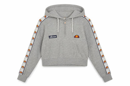 Front view of Ellesse women’s grey half zip cropped hoodie, size UK 8, logo tape detail