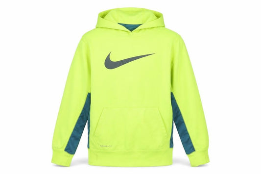 Front view of Nike boys’ yellow therma-fit pullover hoodie l fleece sportswear