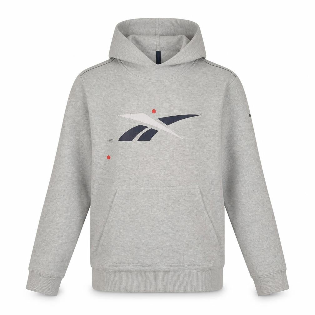 Front view of Reebok girls’ grey hoodie 11-12 years pullover graphic logo sweatshirt