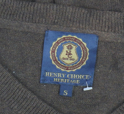 Henry Choice Men's Brown V-Neck Cotton Jumper Size S
