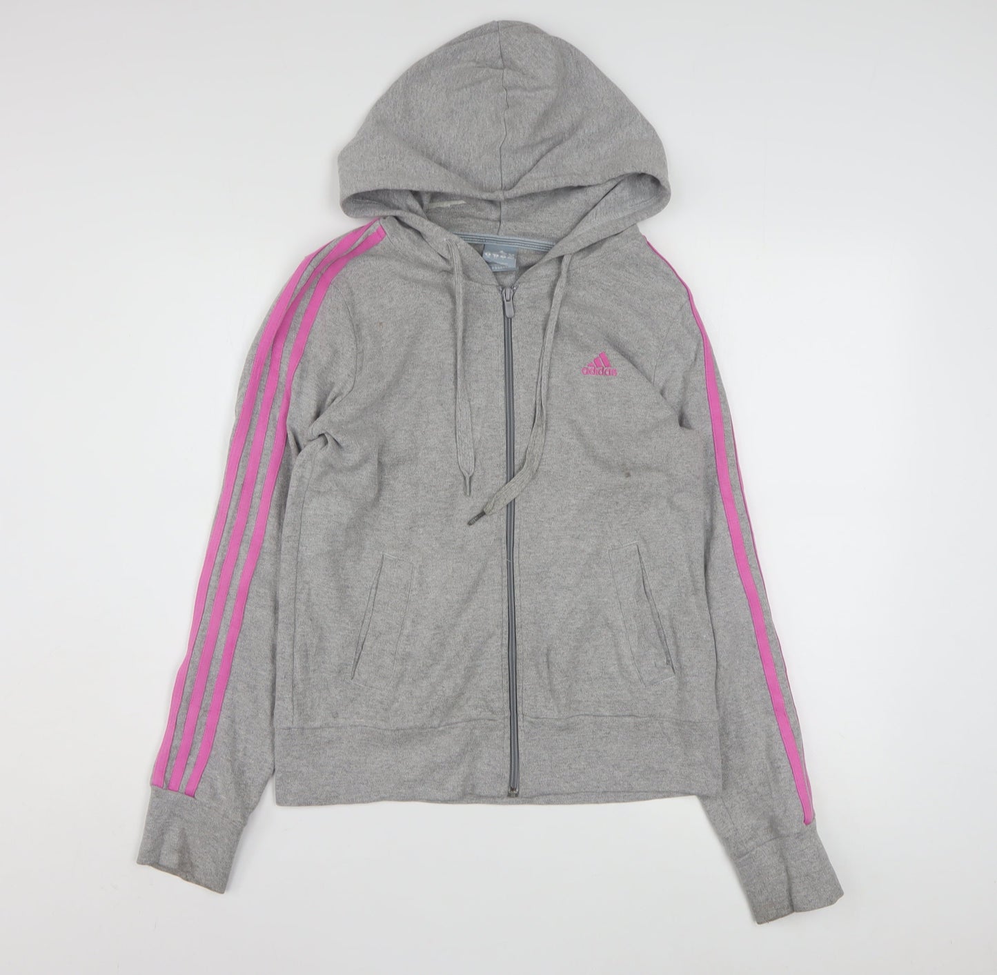 Adidas Women Grey Full Zip Hoodie Size 12 Cotton Blend Hooded Sweatshirt