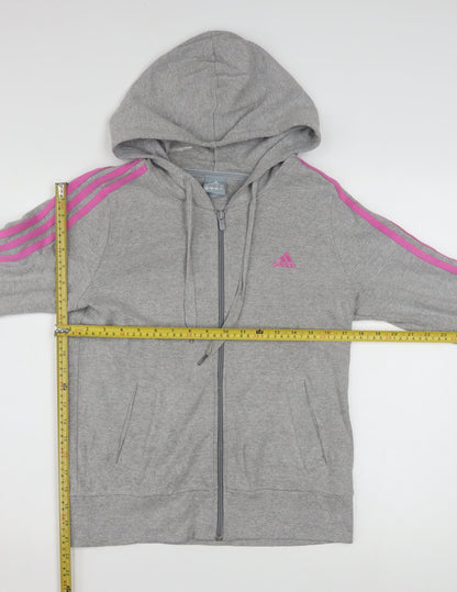 Adidas Women Grey Full Zip Hoodie Size 12 Cotton Blend Hooded Sweatshirt