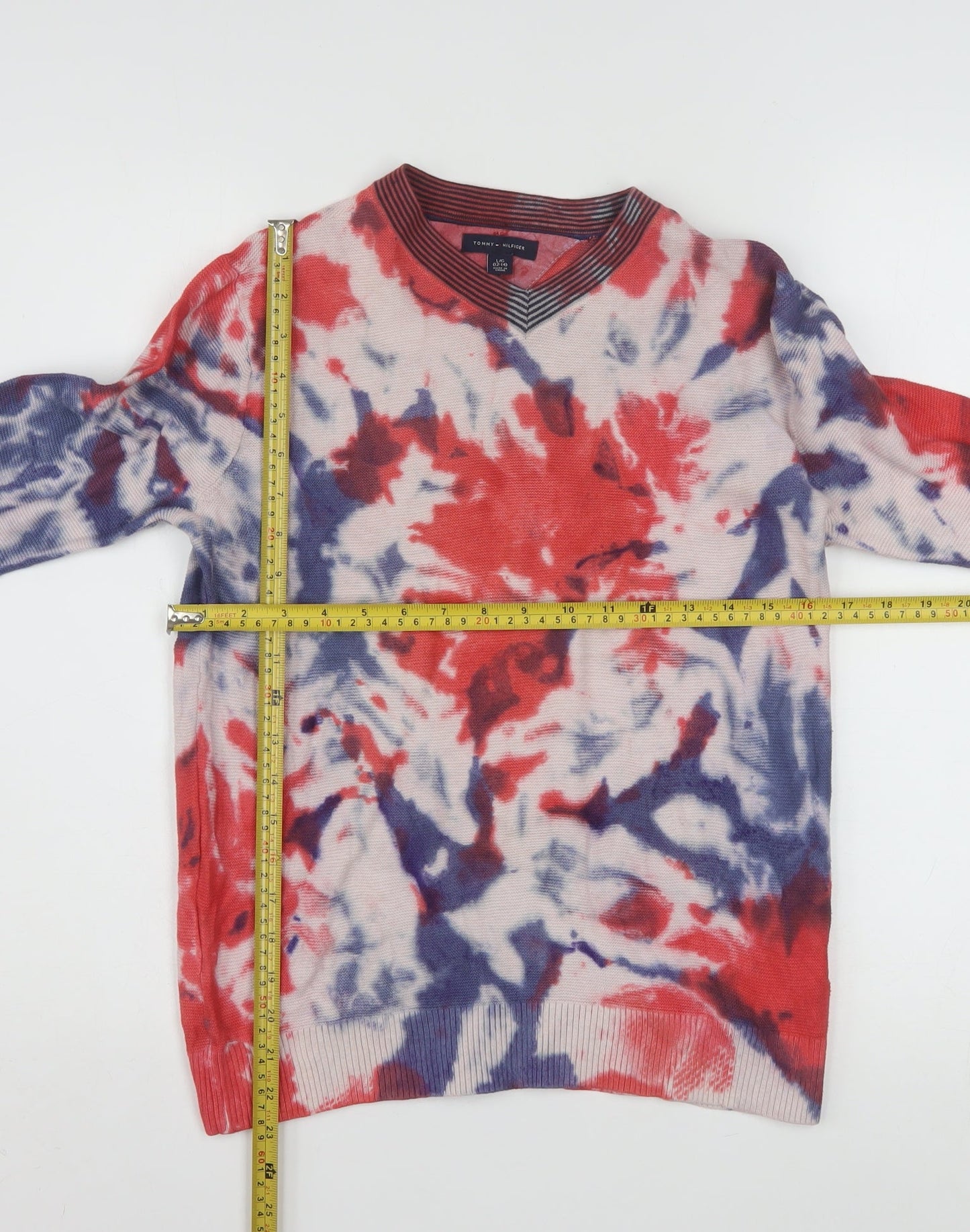 Tommy Hilfiger Women Red Blue Tie-Dye Cotton V-Neck Sweatshirt L 12-14