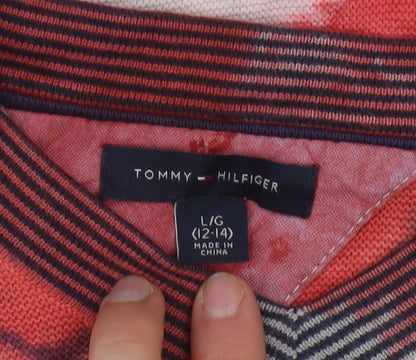 Tommy Hilfiger Women Red Blue Tie-Dye Cotton V-Neck Sweatshirt L 12-14